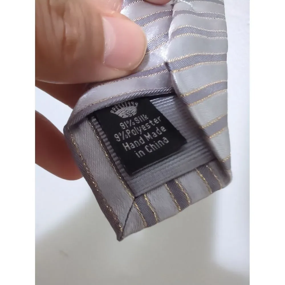 Countess Mara Mens‎ Silver Grey Gold Striped Silk Blend Hand Made Necktie